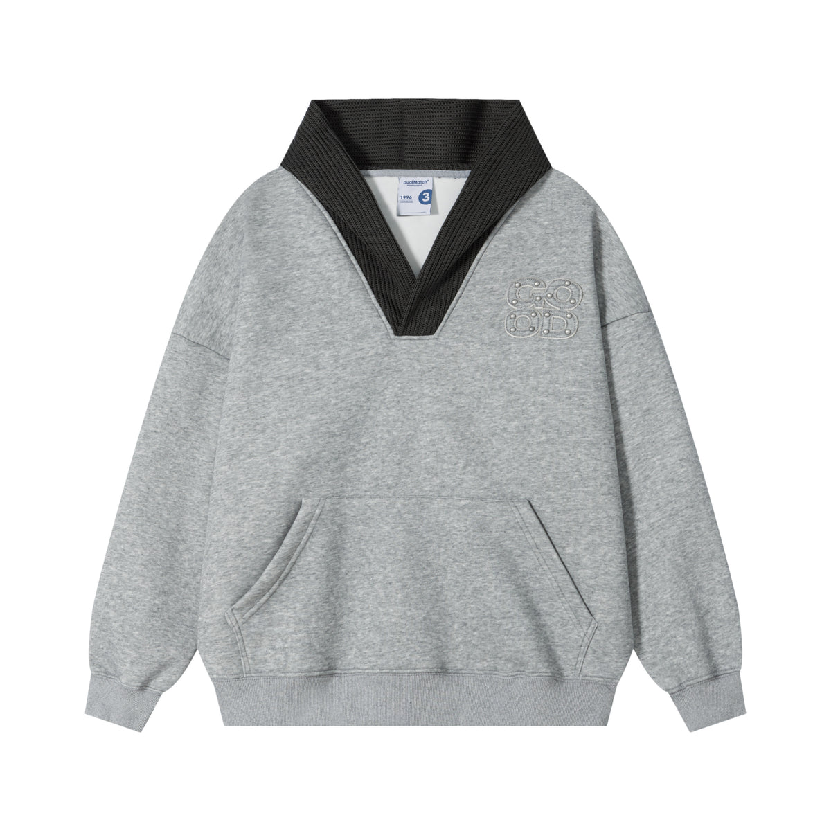 Contrast Collar V-Neck Pearl Embellished Hoodie - Seldom Seen Styles