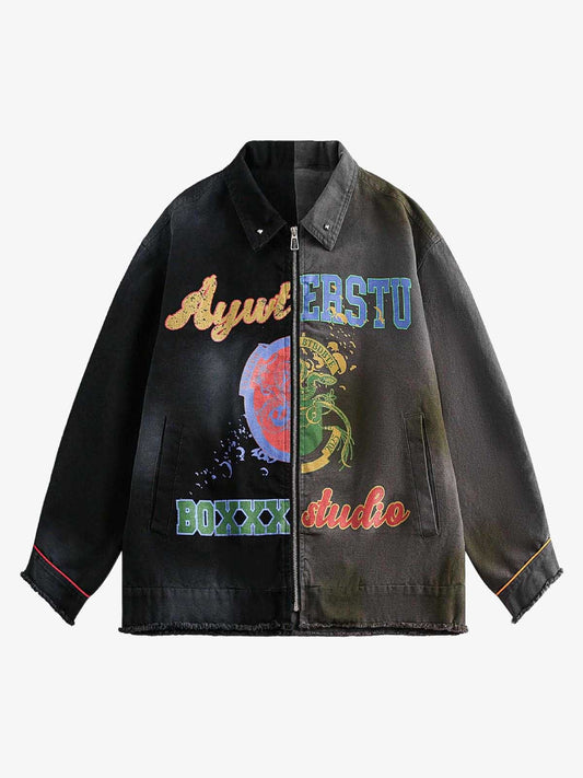 Contrast Color Spliced Graffiti Zip Up Jacket - Seldom Seen Styles