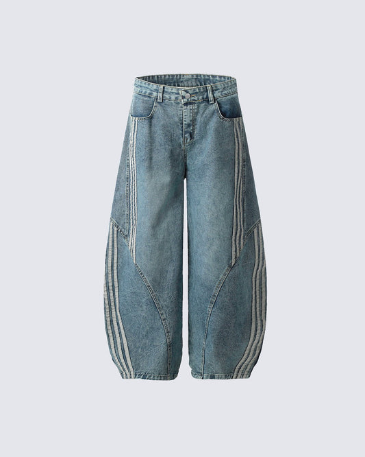 Contrast Striped Wide-Leg Denim Pants Striped Stitching Barrel Jeans - Seldom Seen Styles