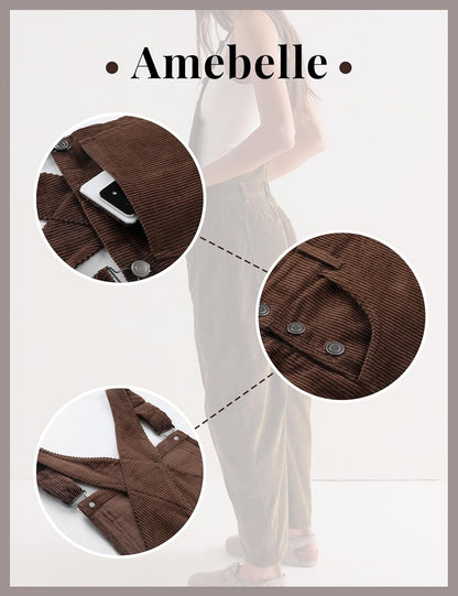 Cord-Latzhose für Damen mit weitem Bein, Latzhose aus Cord für Damen, verstellbarer Jumpsuit mit Taschen