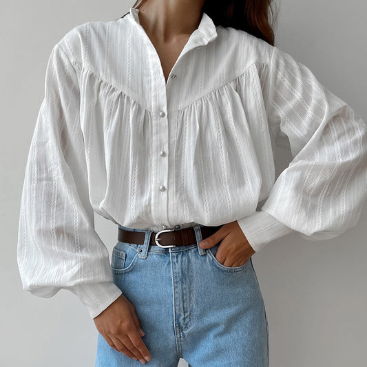 Cotton French shirt long-sleeved women's clothing 2025 spring and summer new simple bubble sleeve top - Seldom Seen Styles