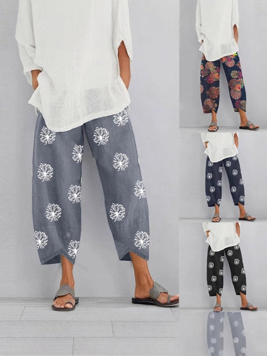Cotton Linen Casual Summer Capri Pants Printed Cropped Comfy Baggy Trousers with Pockets Palazzo Lounge Pants - Seldom Seen Styles
