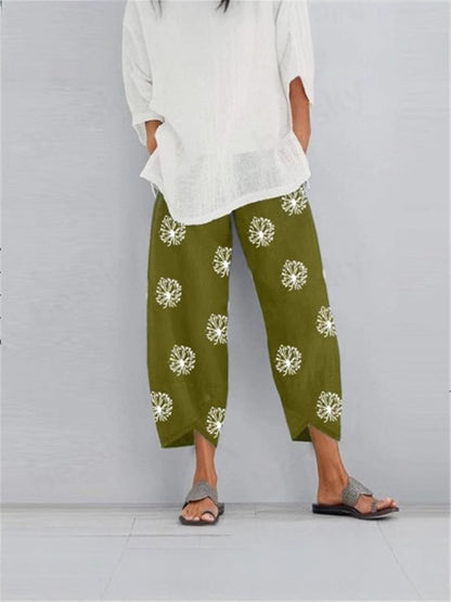 Pantalon Capri d'été décontracté en coton et lin, imprimé, court, confortable, ample, avec poches, pantalon de détente Palazzo