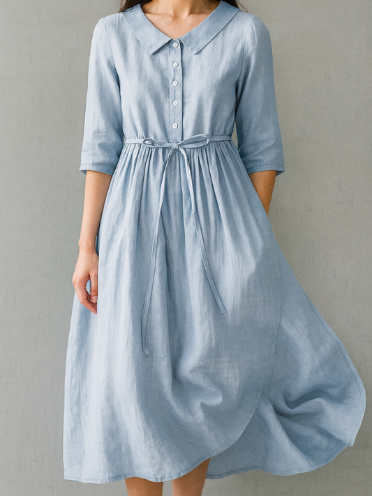 Cotton Linen Midi Dress – Button Down 3/4 Sleeve Casual Dress with Waist Tie - Seldom Seen Styles