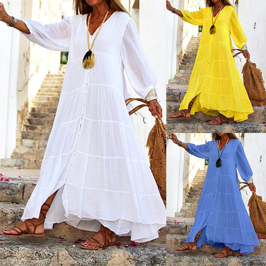 Cotton Linen Tiered Maxi Dress – Loose Button Up Long Sleeve Casual Dress - Seldom Seen Styles