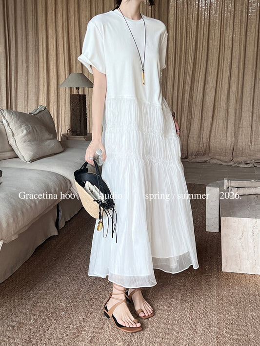Cotton T-Shirt Spliced Mesh Tiered Ruffle Maxi Dress Patchwork A-Line Elegant Casual Summer Dress White Black - Seldom Seen Styles