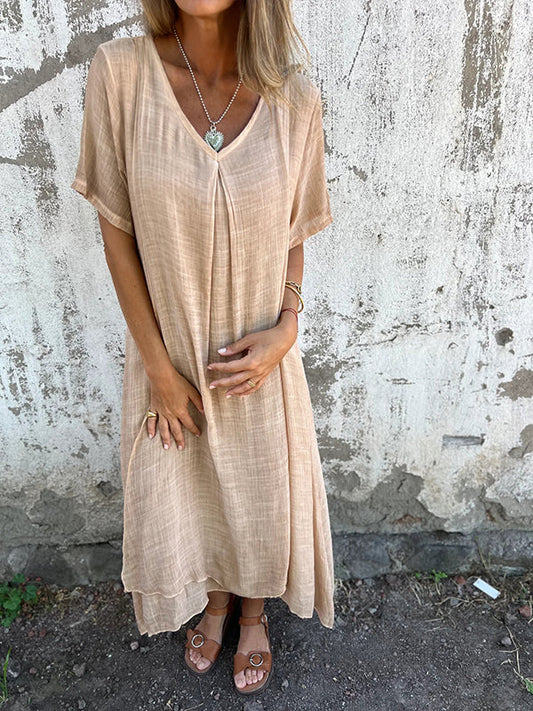 Cotton and Linen V-neck Midi Dress - Seldom Seen Styles