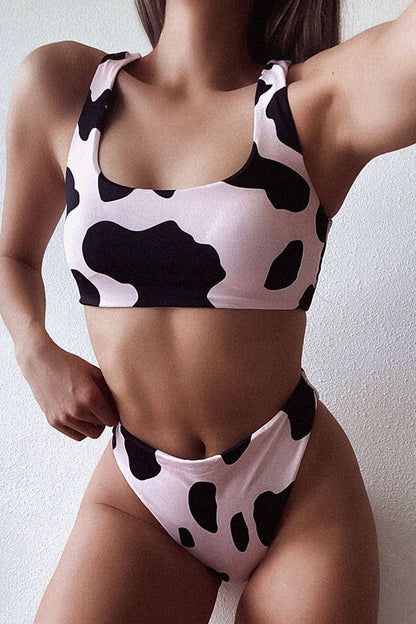 Women Two Piece Scoop Neck Bikini Crop Top Swimsuit Sporty High Waisted Bathing Suit