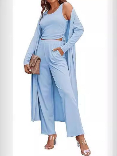 Gemütliches neues Ekouaer Damen 3-teiliges Strick-Loungewear-Set mit Langarm-Cardigan, ärmellosem Oberteil und Hose Trainingsanzug S-XXL