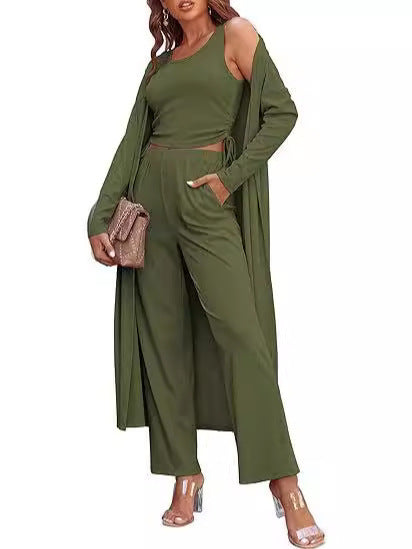 Gemütliches neues Ekouaer Damen 3-teiliges Strick-Loungewear-Set mit Langarm-Cardigan, ärmellosem Oberteil und Hose Trainingsanzug S-XXL