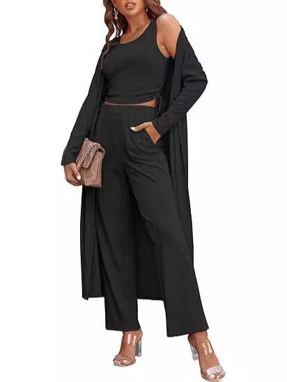 Gemütliches neues Ekouaer Damen 3-teiliges Strick-Loungewear-Set mit Langarm-Cardigan, ärmellosem Oberteil und Hose Trainingsanzug S-XXL