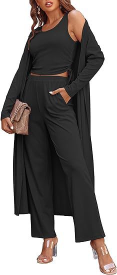 Gemütliches neues Ekouaer Damen 3-teiliges Strick-Loungewear-Set mit Langarm-Cardigan, ärmellosem Oberteil und Hose Trainingsanzug S-XXL