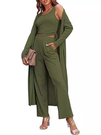 Gemütliches neues Ekouaer Damen 3-teiliges Strick-Loungewear-Set mit Langarm-Cardigan, ärmellosem Oberteil und Hose Trainingsanzug S-XXL