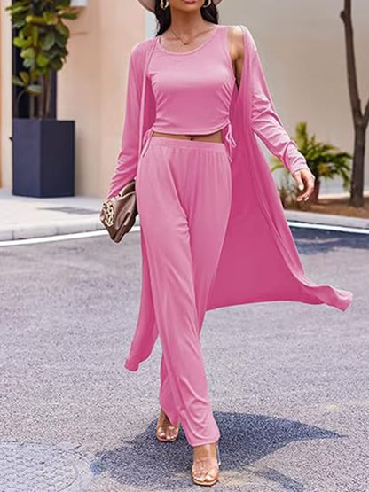Gemütliches neues Ekouaer Damen 3-teiliges Strick-Loungewear-Set mit Langarm-Cardigan, ärmellosem Oberteil und Hose Trainingsanzug S-XXL