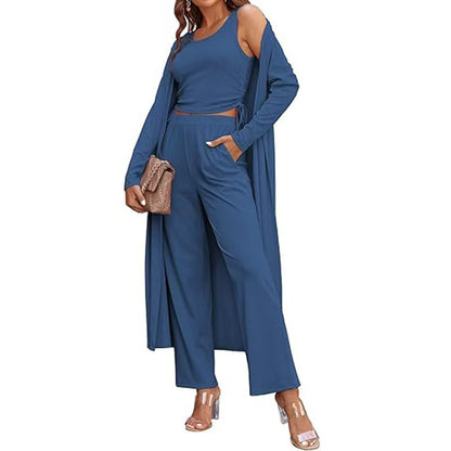 Gemütliches neues Ekouaer Damen 3-teiliges Strick-Loungewear-Set mit Langarm-Cardigan, ärmellosem Oberteil und Hose Trainingsanzug S-XXL