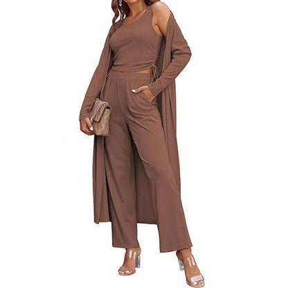 Gemütliches neues Ekouaer Damen 3-teiliges Strick-Loungewear-Set mit Langarm-Cardigan, ärmellosem Oberteil und Hose Trainingsanzug S-XXL