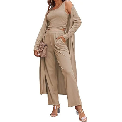 Gemütliches neues Ekouaer Damen 3-teiliges Strick-Loungewear-Set mit Langarm-Cardigan, ärmellosem Oberteil und Hose Trainingsanzug S-XXL