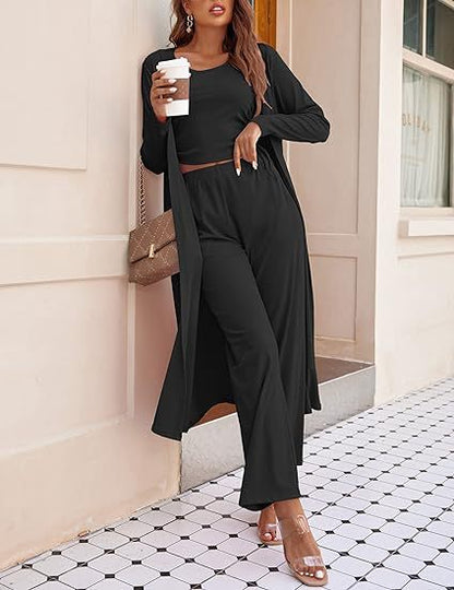 Gemütliches neues Ekouaer Damen 3-teiliges Strick-Loungewear-Set mit Langarm-Cardigan, ärmellosem Oberteil und Hose Trainingsanzug S-XXL
