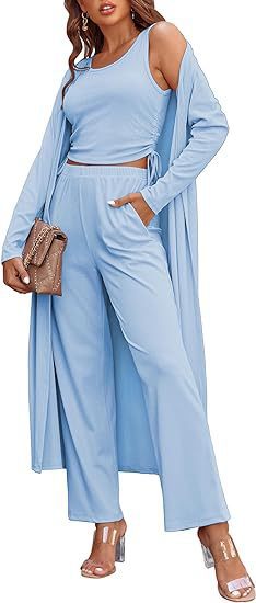 Gemütliches neues Ekouaer Damen 3-teiliges Strick-Loungewear-Set mit Langarm-Cardigan, ärmellosem Oberteil und Hose Trainingsanzug S-XXL