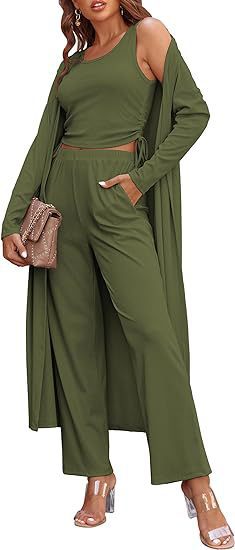 Gemütliches neues Ekouaer Damen 3-teiliges Strick-Loungewear-Set mit Langarm-Cardigan, ärmellosem Oberteil und Hose Trainingsanzug S-XXL