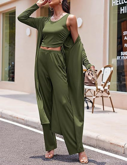 Gemütliches neues Ekouaer Damen 3-teiliges Strick-Loungewear-Set mit Langarm-Cardigan, ärmellosem Oberteil und Hose Trainingsanzug S-XXL