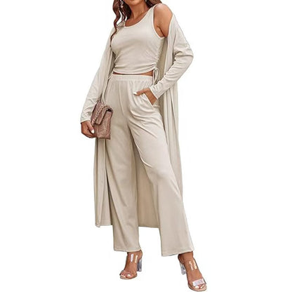 Gemütliches neues Ekouaer Damen 3-teiliges Strick-Loungewear-Set mit Langarm-Cardigan, ärmellosem Oberteil und Hose Trainingsanzug S-XXL