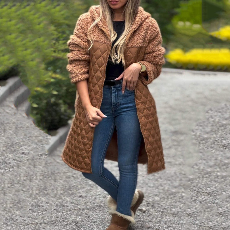 Cozy quilted coat with synthetic Sherpa lining and hood for women - Seldom Seen Styles