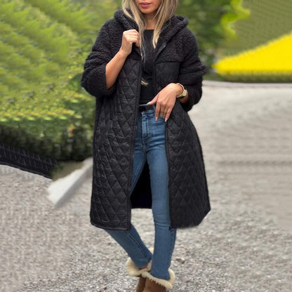 Cozy quilted coat with synthetic Sherpa lining and hood for women