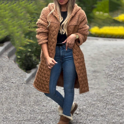 Cozy quilted coat with synthetic Sherpa lining and hood for women