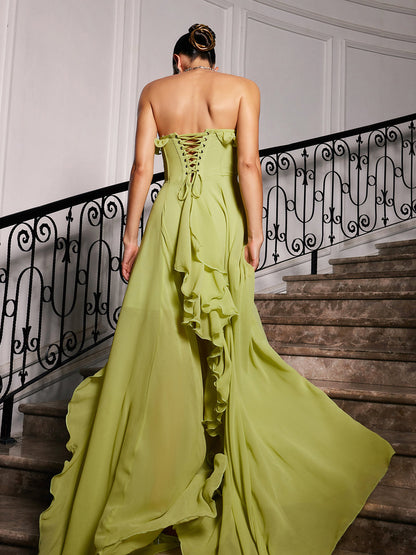 Craven Strapless Ruched Mesh Maxi Dress