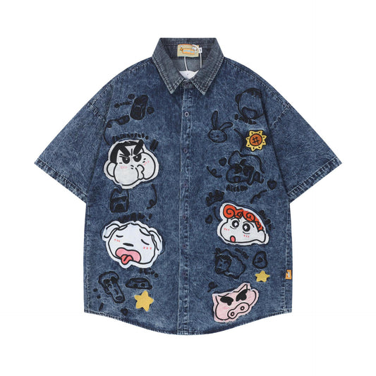 Crayon Sticker Embroidered Denim Shirt Loose Short Sleeve Casual Color Matching Couple Japanese Cute Streetwear Summer Top | Crayon Denim - Seldom Seen Styles
