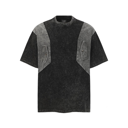 Crew Neck Short Sleeve Acid Washed Deconstructed Spliced Pocket T-Shirt Loose Oversized High Street Casual Couple Top | Acid Splice - Seldom Seen Styles