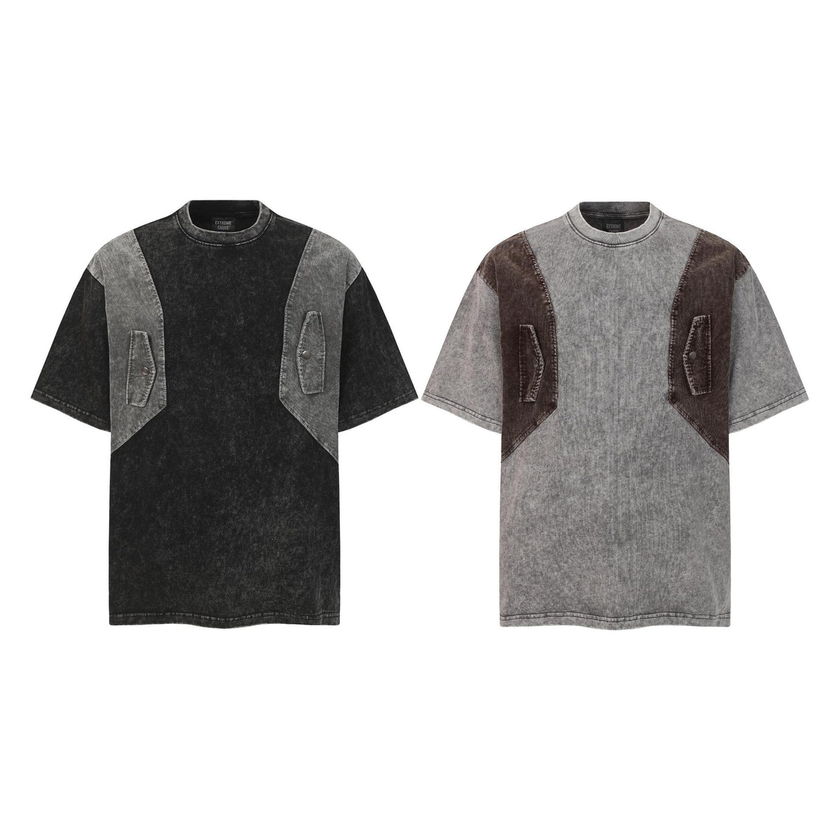 Crew Neck Short Sleeve Acid Washed Deconstructed Spliced Pocket T-Shirt Loose Oversized High Street Casual Couple Top | Acid Splice - Seldom Seen Styles