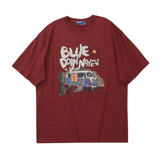 Crew Neck Short Sleeve Desert Road Trip Graphic Print T-Shirt Loose Oversized Retro Illustration Casual Summer Top | Desert Van - Seldom Seen Styles