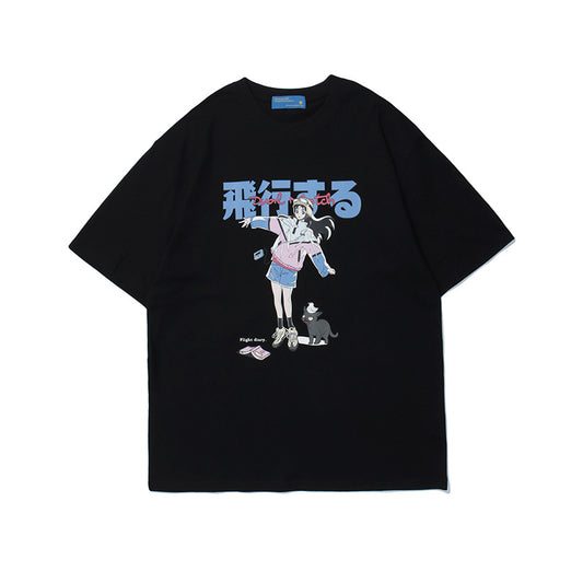 Crew Neck Short Sleeve Japanese Anime Girl Cat Graphic Print T-Shirt Loose Oversized Cyberpunk Streetwear Casual Summer Top | Hikō Girl - Seldom Seen Styles