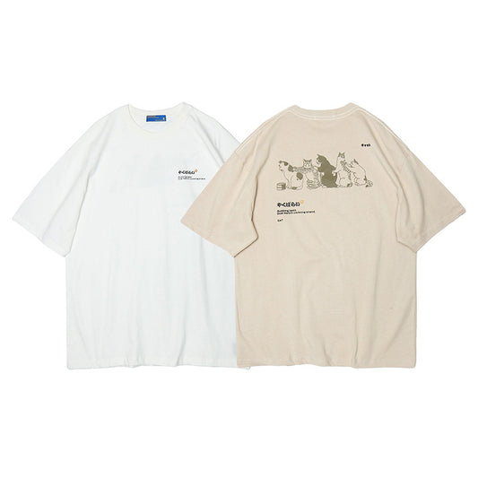 Crew Neck Short Sleeve Japanese Cat Illustration Back Print T-Shirt Loose Oversized Harajuku Casual Couple Summer Top | Meow Row - Seldom Seen Styles