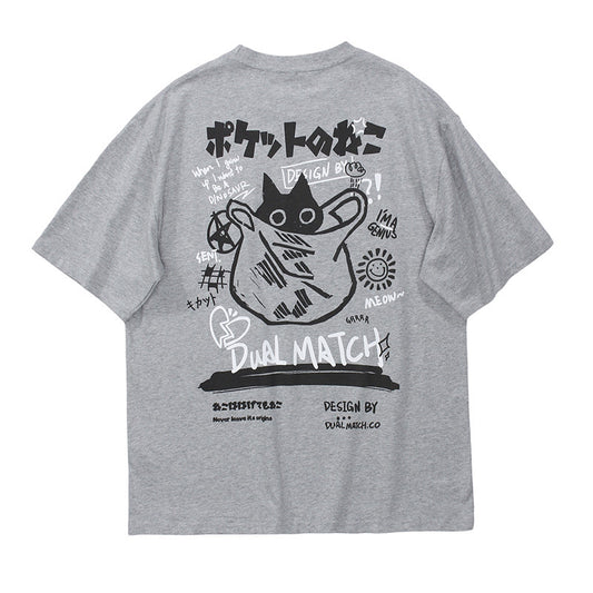Crew Neck Short Sleeve Japanese Graffiti Cat Back Print T-Shirt Loose Oversized Retro Streetwear Casual Summer Top | Pocket Neko - Seldom Seen Styles