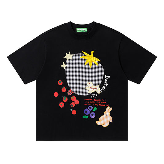 Crew Neck Short Sleeve Patch Embroidered Graphic Print T-Shirt Loose Oversized Casual Streetwear Summer Top | Berry Star - Seldom Seen Styles