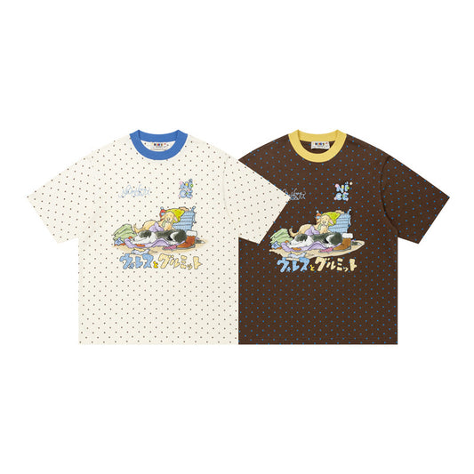 Crew Neck Short Sleeve Polka Dot Cartoon Graphic Print T-Shirt Loose Oversized Japanese Style Casual Couple Summer Top | Dot Munch - Seldom Seen Styles