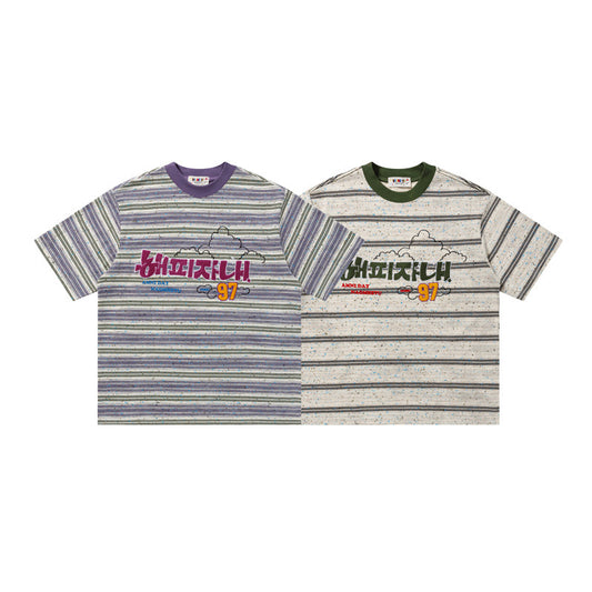 Crew Neck Short Sleeve Striped Graphic Print T-Shirt Loose Oversized Korean Style Cloud Letter Casual Summer Top | Cloud Stripe - Seldom Seen Styles