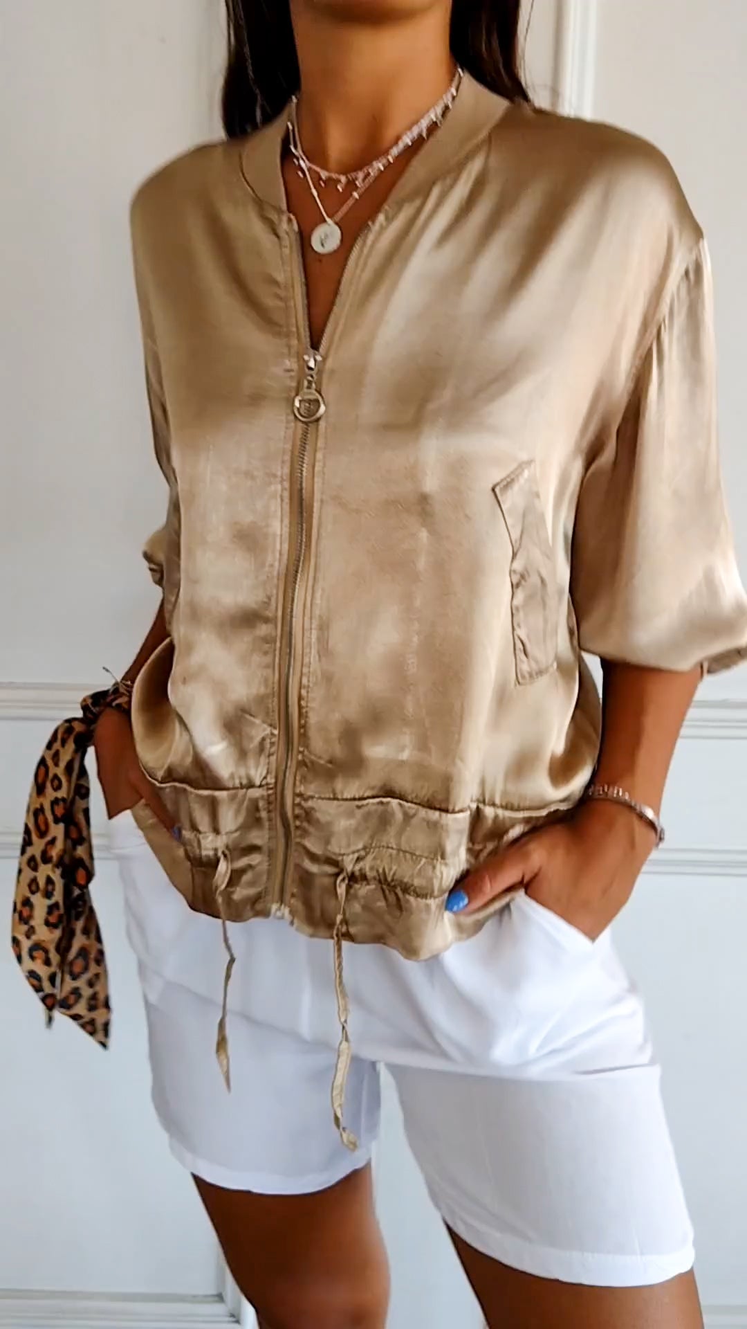 Crew Neck Zipped Satin Cropped Jacket - Seldom Seen Styles