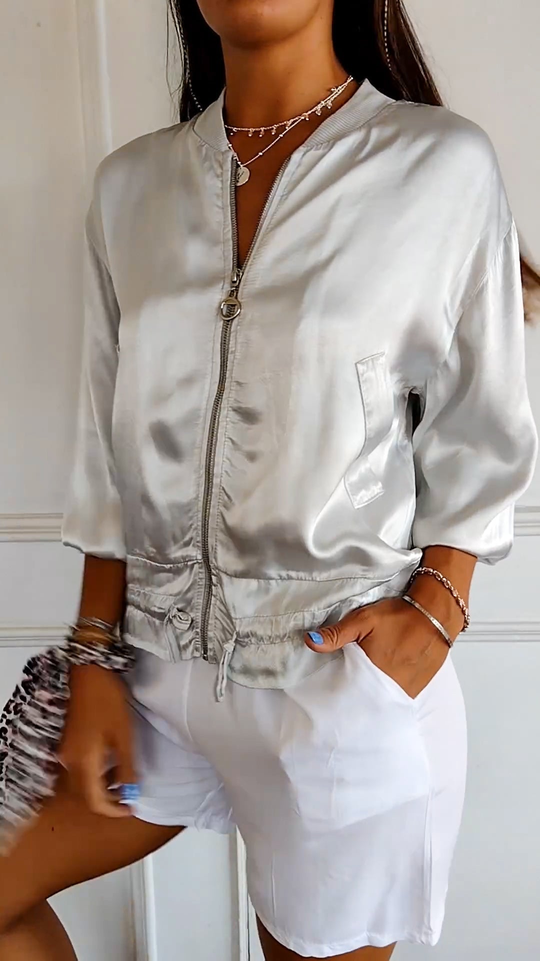 Crew Neck Zipped Satin Cropped Jacket - Seldom Seen Styles