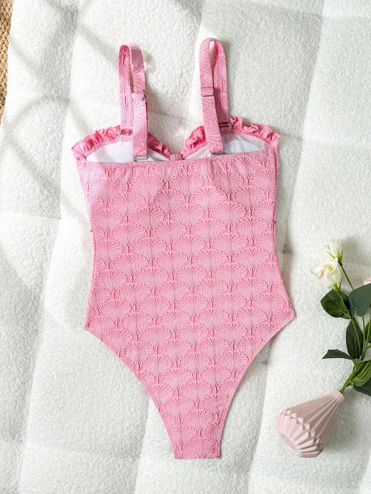 Crinkle Knot Front Ruffled Strapless One Piece Swimsuit - Baby Pink - Seldom Seen Styles