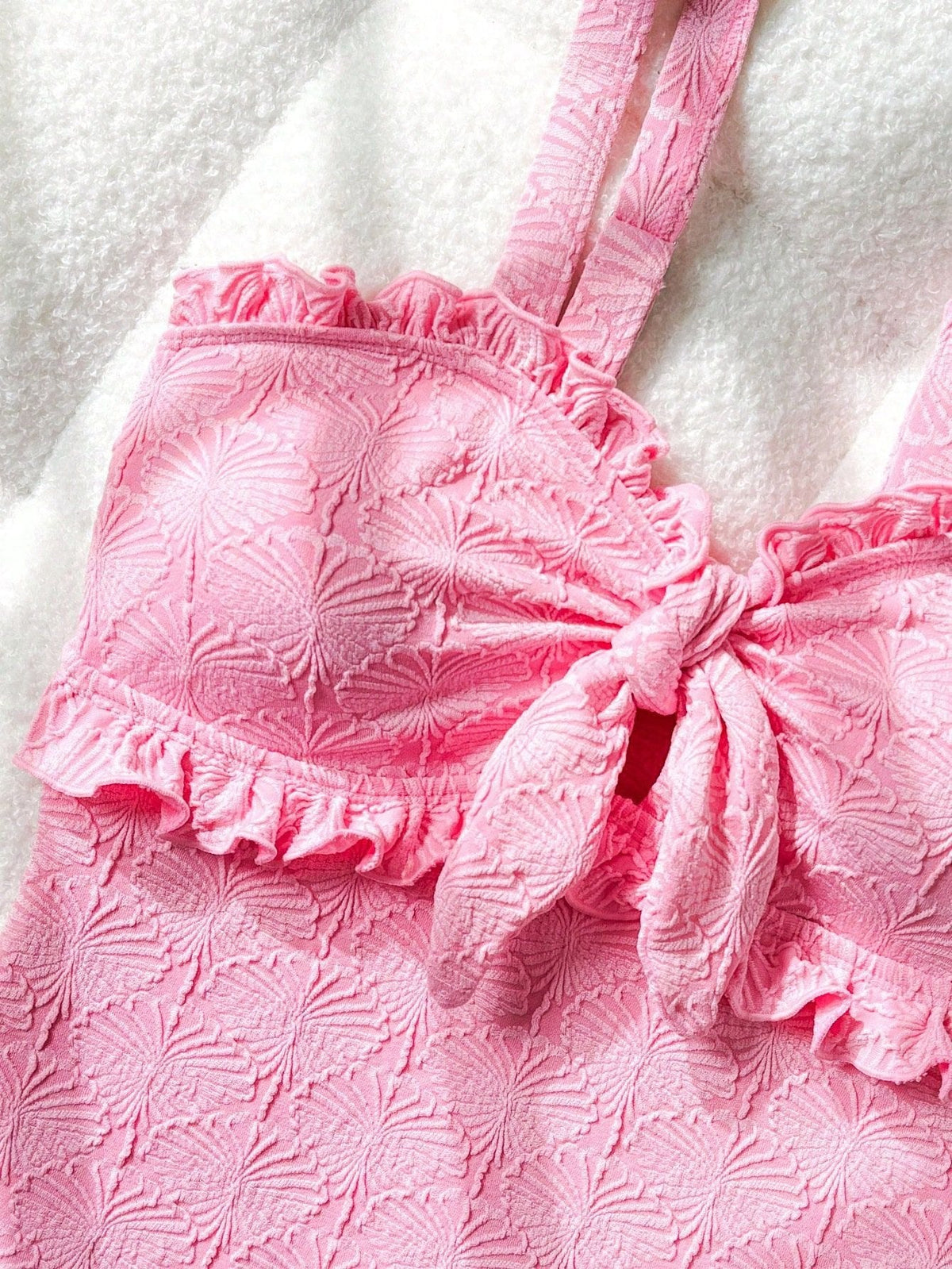 Crinkle Knot Front Ruffled Strapless One Piece Swimsuit - Baby Pink - Seldom Seen Styles