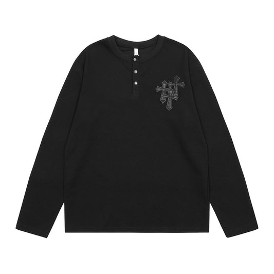 Cross Leather Embroidery Loose Casual Long Sleeve Shirt Retro American Street Style Thin Bottoming Top Fall Streetwear | Cross Stitch - Seldom Seen Styles