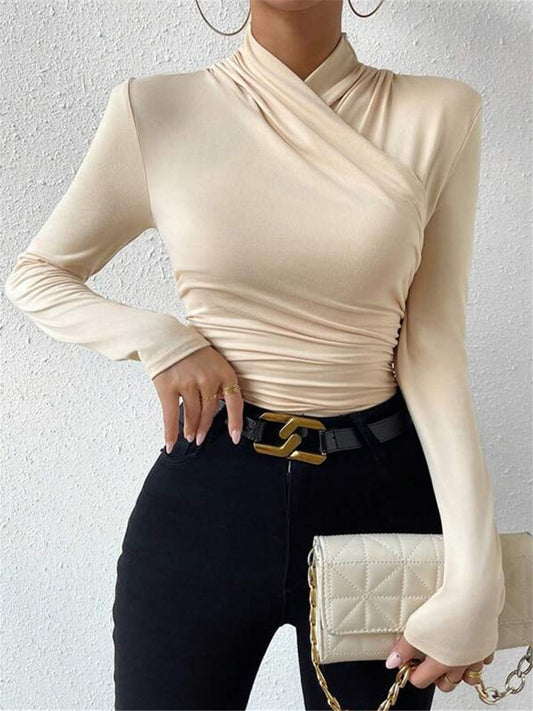 Cross-Over Collar Pleated Cinched T-Shirt - Seldom Seen Styles