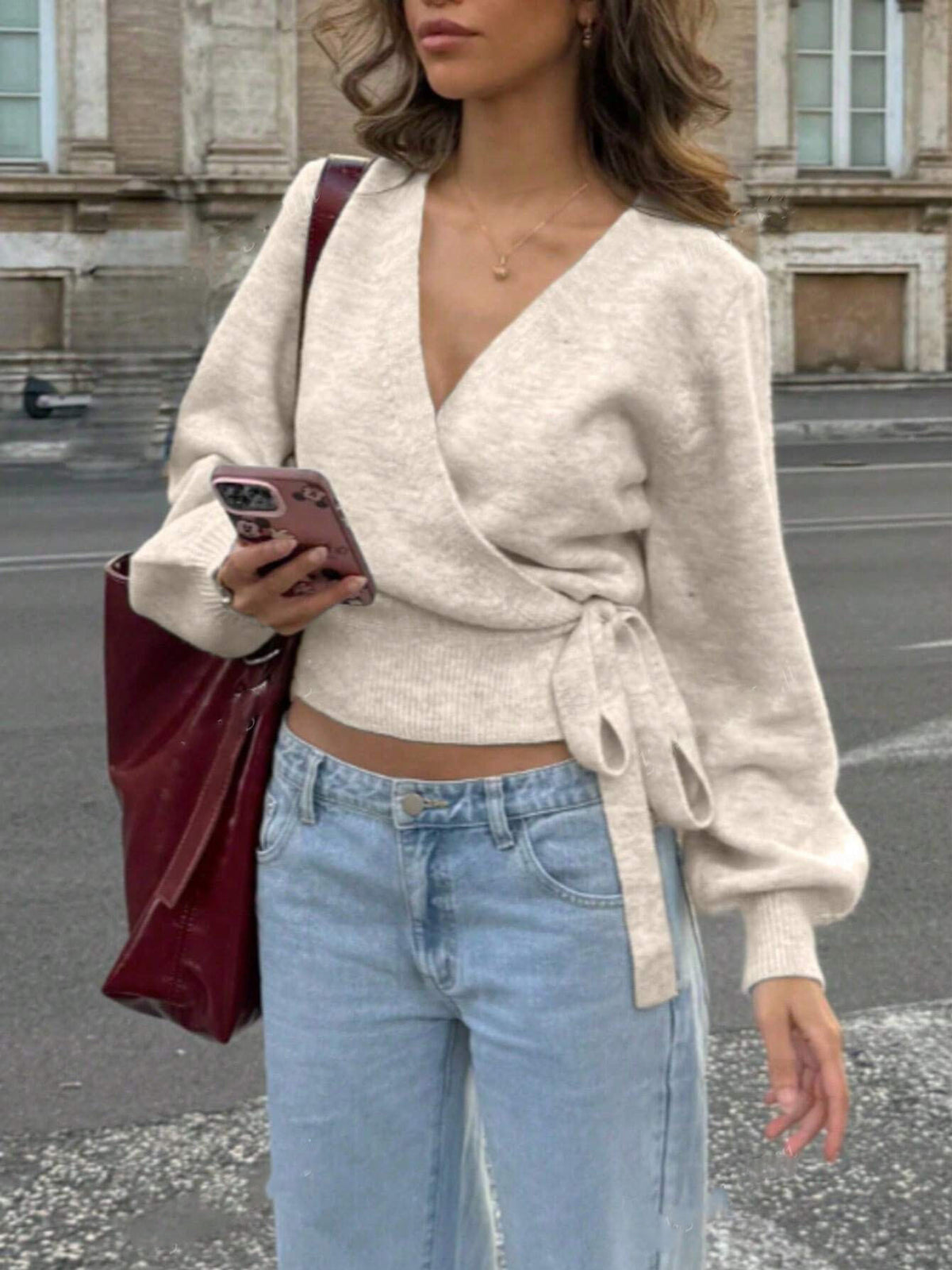 Cross V-neck bottoming knitted sweater autumn and winter irregular straps elegant short top women - Seldom Seen Styles