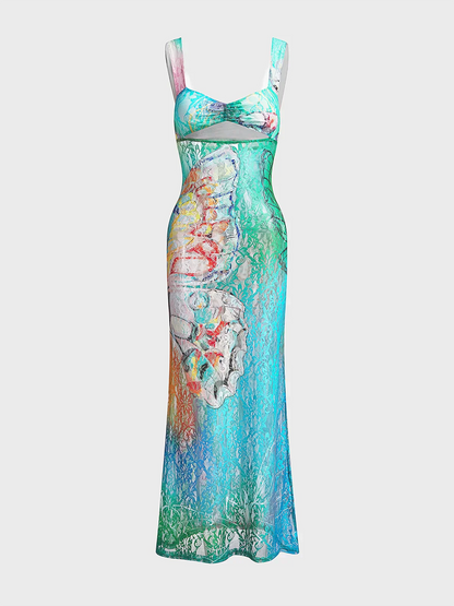 Women's Sheer Lace Maxi Dress Cut Out Ombre Bodycon Party Dress