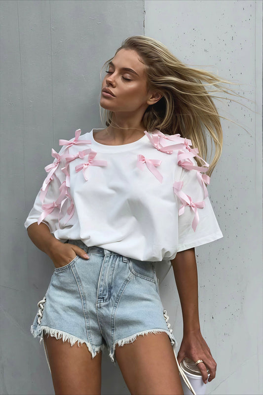 Cute Bowknot Ribbon Loose Short Sleeve T-shirt - Seldom Seen Styles