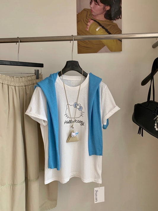 Cute Embroidered Cartoon Cat T-Shirt – Korean Style Slim Fit Casual Summer Tee - Seldom Seen Styles